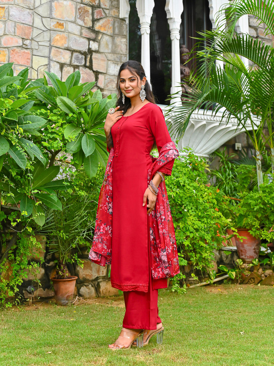 Maroon Solid Straight Kurta Set With Printed Dupatta for Women | LASVINI - Redefining Indian Fashion with Elegance