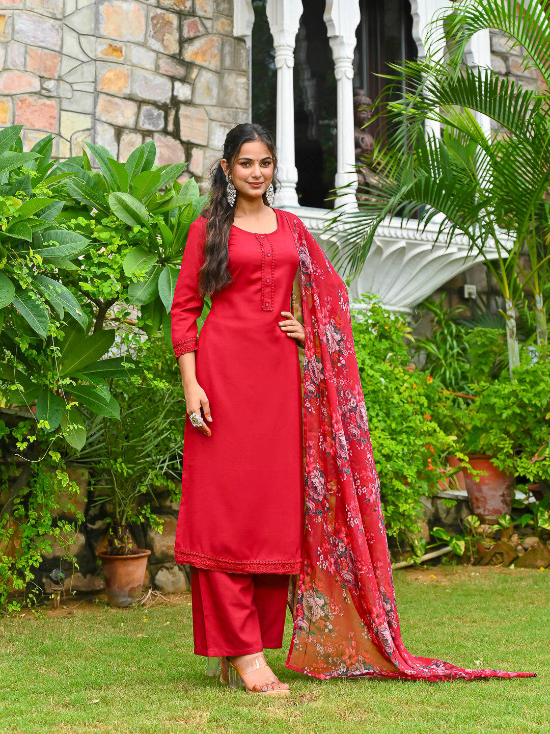 Maroon Solid Straight Kurta Set With Printed Dupatta for Women | LASVINI - Redefining Indian Fashion with Elegance