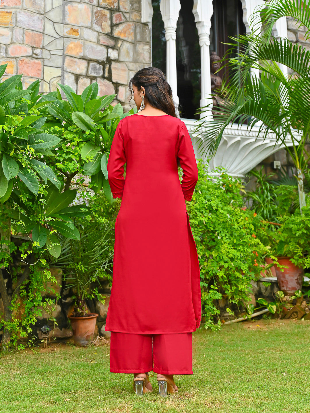 Maroon Solid Straight Kurta Set With Printed Dupatta for Women | LASVINI - Redefining Indian Fashion with Elegance