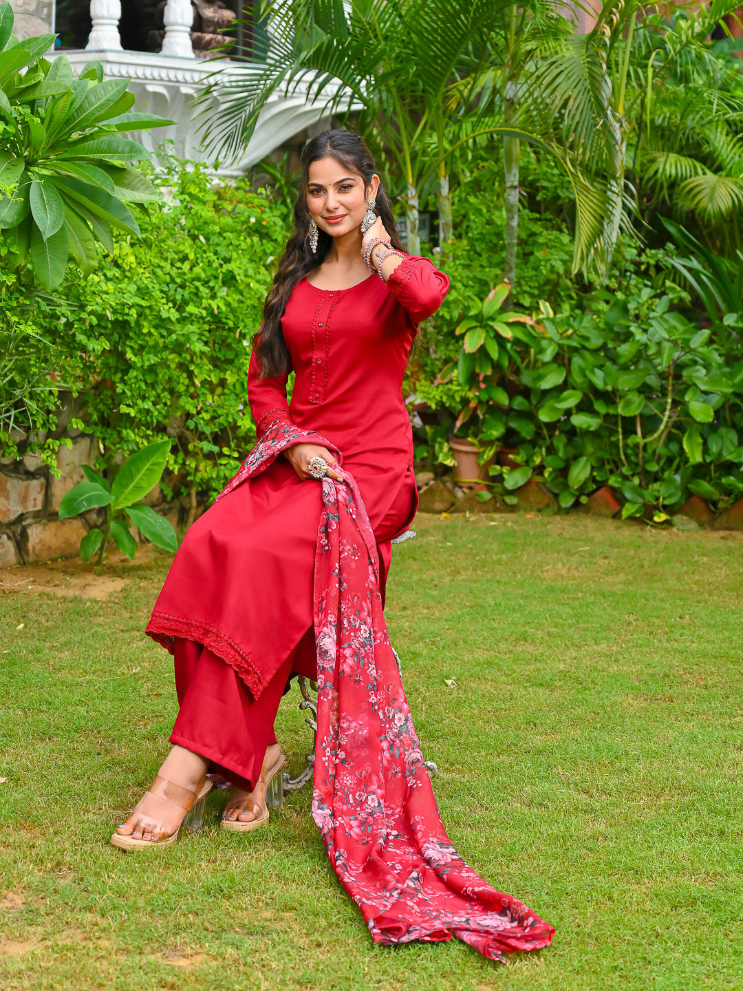 Maroon Solid Straight Kurta Set With Printed Dupatta for Women | LASVINI - Redefining Indian Fashion with Elegance