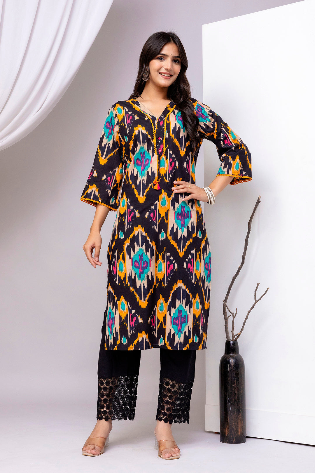 Black Printed Straight Kurta with Three Quarter Sleeves | LASVINI - Redefining Indian Fashion with Elegance
