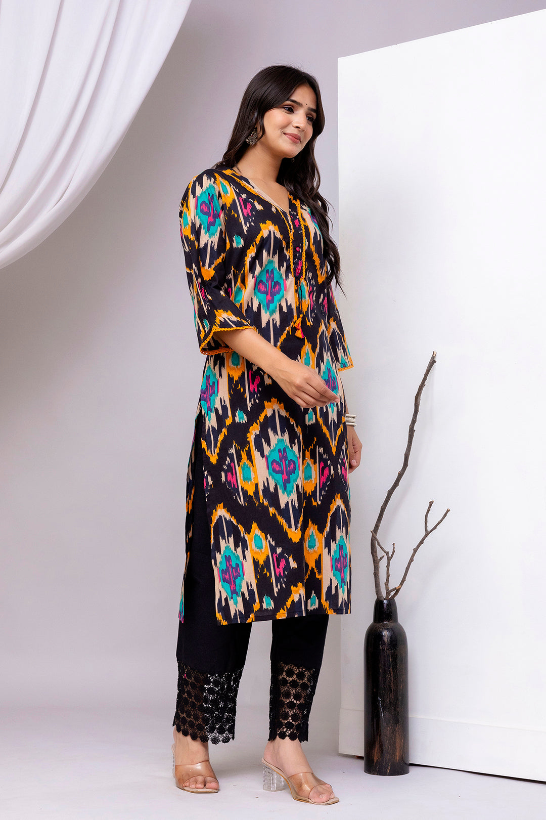 Black Printed Straight Kurta with Three Quarter Sleeves | LASVINI - Redefining Indian Fashion with Elegance