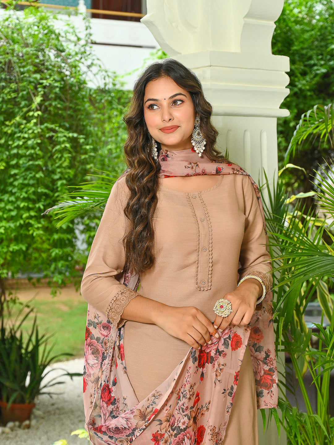 Beige Solid Straight Kurta Set With Printed Dupatta for Women | LASVINI - Redefining Indian Fashion with Elegance