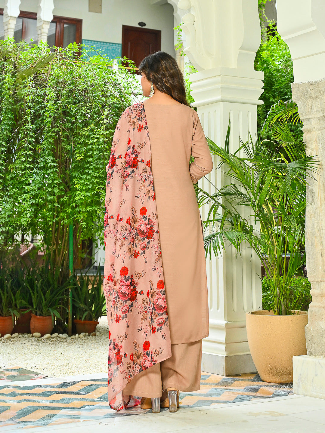 Beige Solid Straight Kurta Set With Printed Dupatta for Women | LASVINI - Redefining Indian Fashion with Elegance