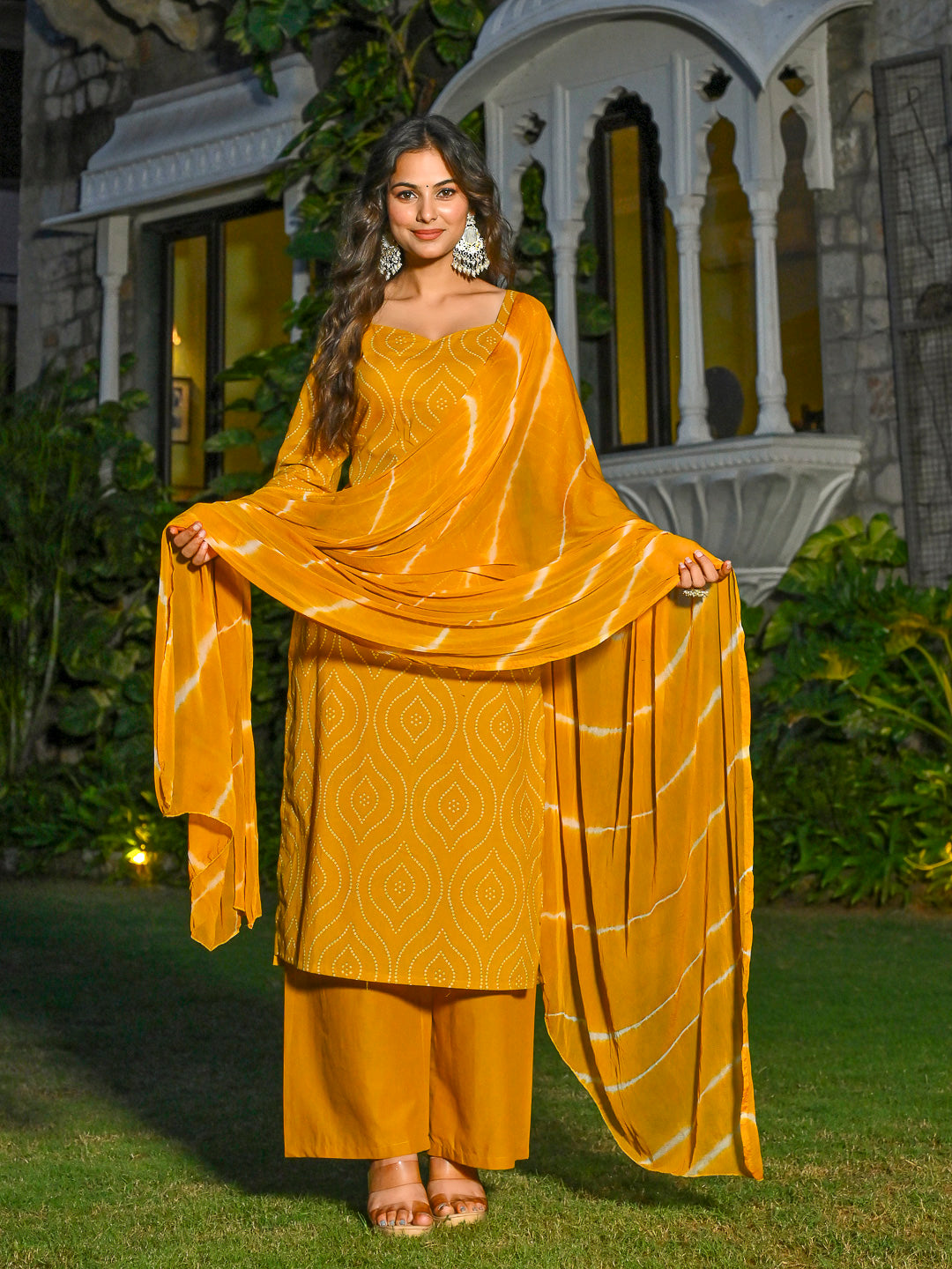 Yellow Printed Straight Kurta & Palazzo With Dupatta for Women | LASVINI - Redefining Indian Fashion with Elegance