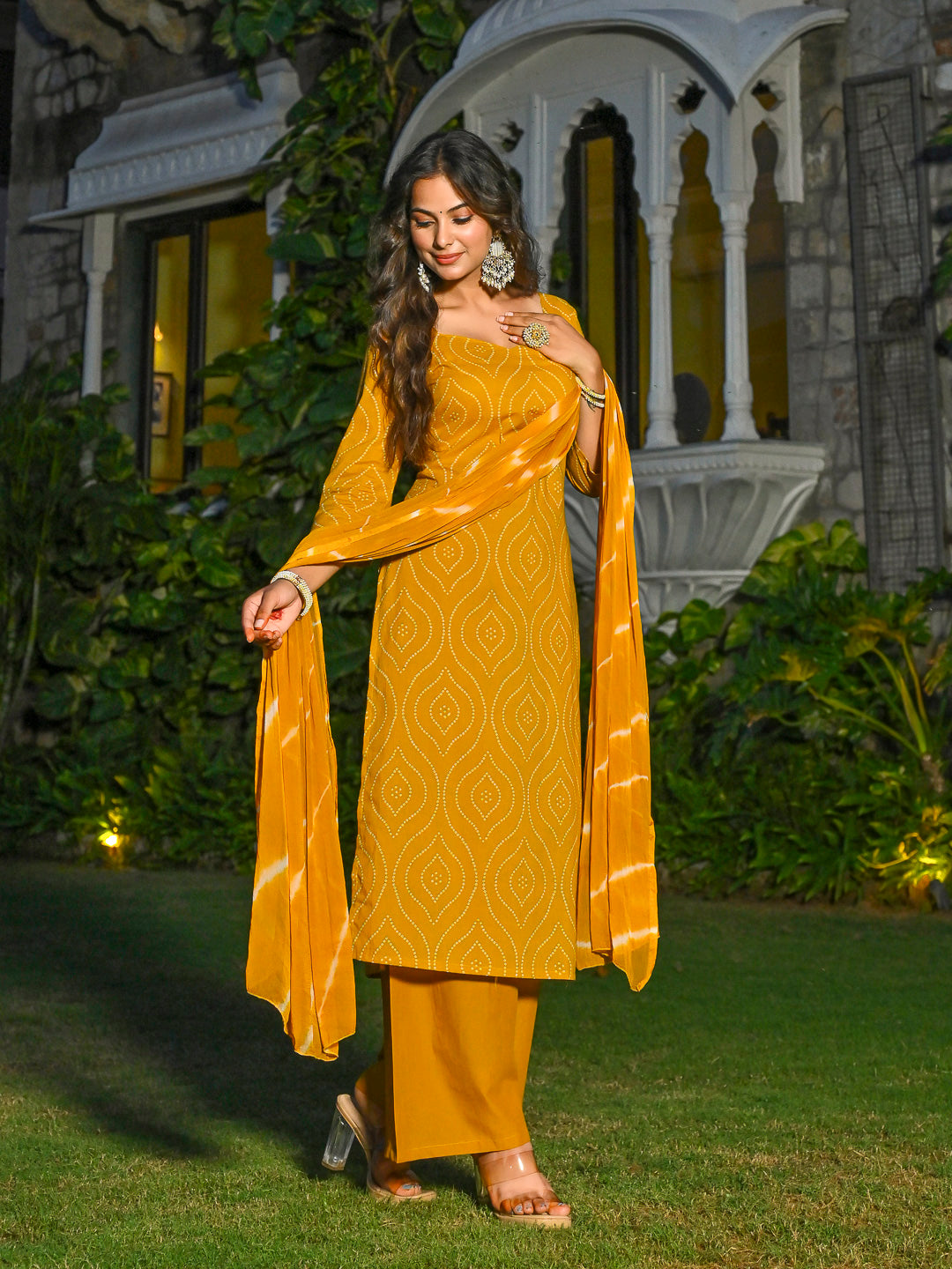 Yellow Printed Straight Kurta & Palazzo With Dupatta for Women | LASVINI - Redefining Indian Fashion with Elegance