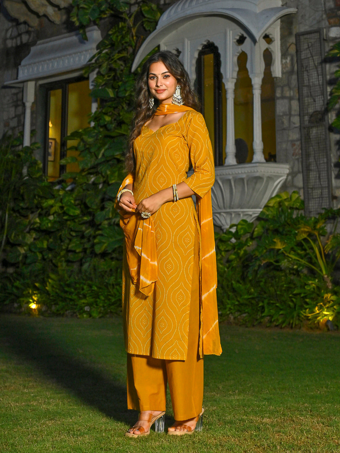 Yellow Printed Straight Kurta & Palazzo With Dupatta for Women | LASVINI - Redefining Indian Fashion with Elegance