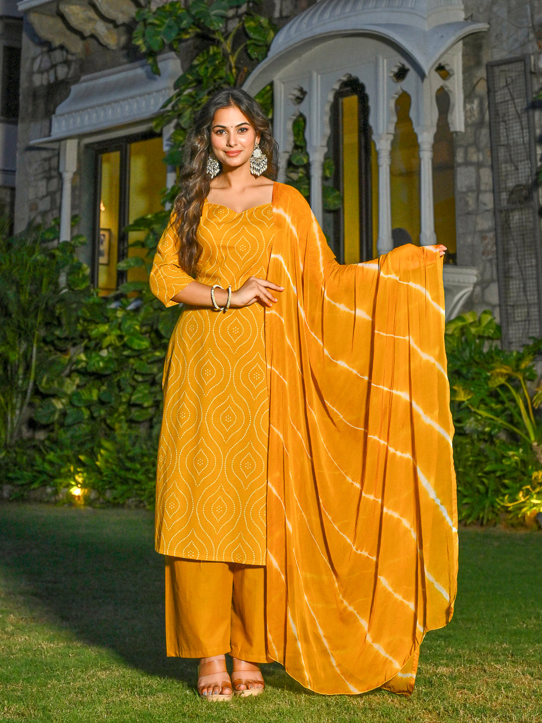 Yellow Printed Straight Kurta & Palazzo With Dupatta for Women | LASVINI - Redefining Indian Fashion with Elegance