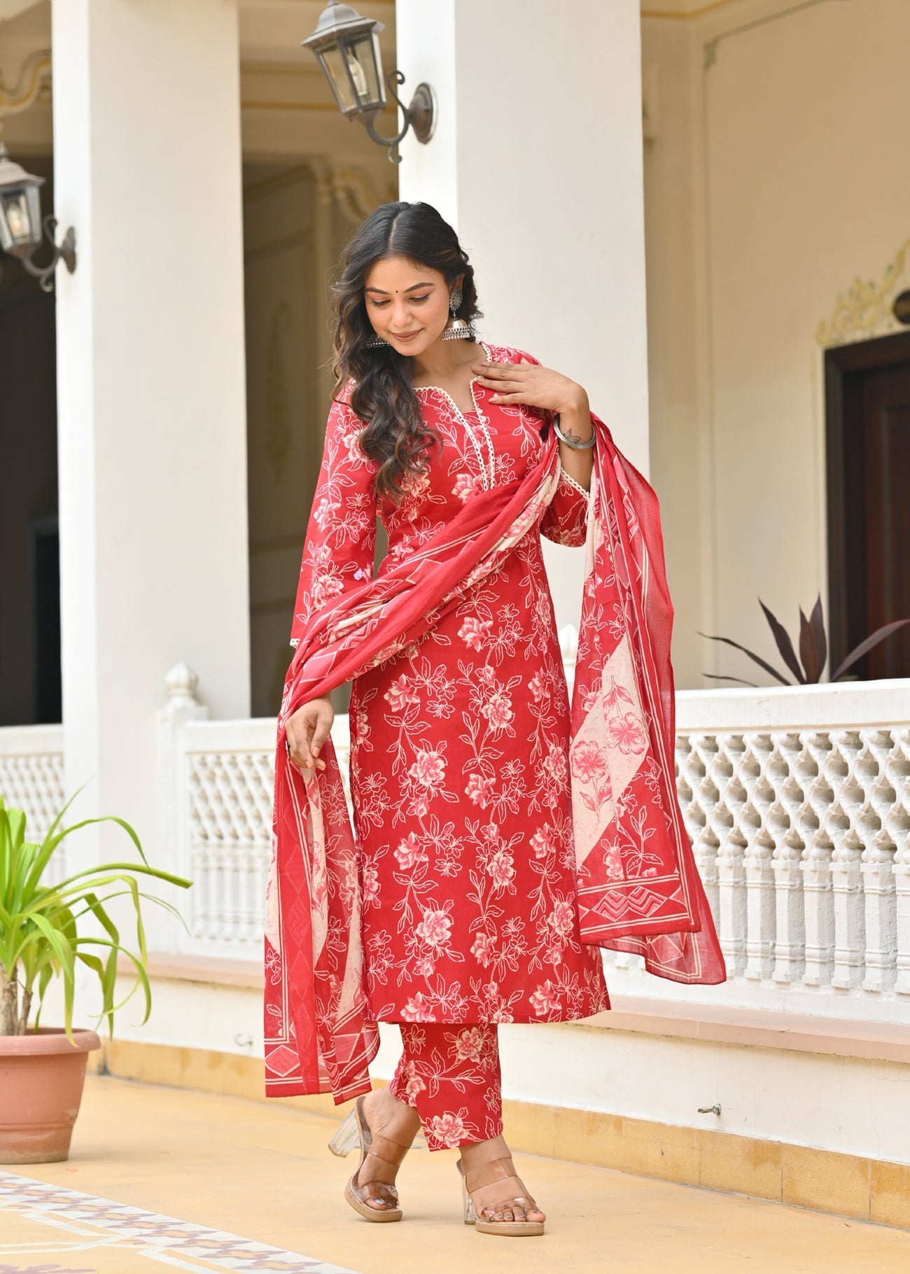 Red Printed Straight Kurta & Trouser With Dupatta for Women | LASVINI - Redefining Indian Fashion with Elegance