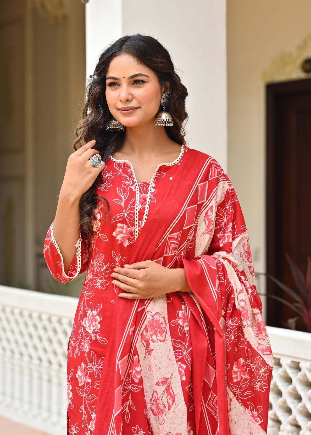 Red Printed Straight Kurta & Trouser With Dupatta for Women | LASVINI - Redefining Indian Fashion with Elegance