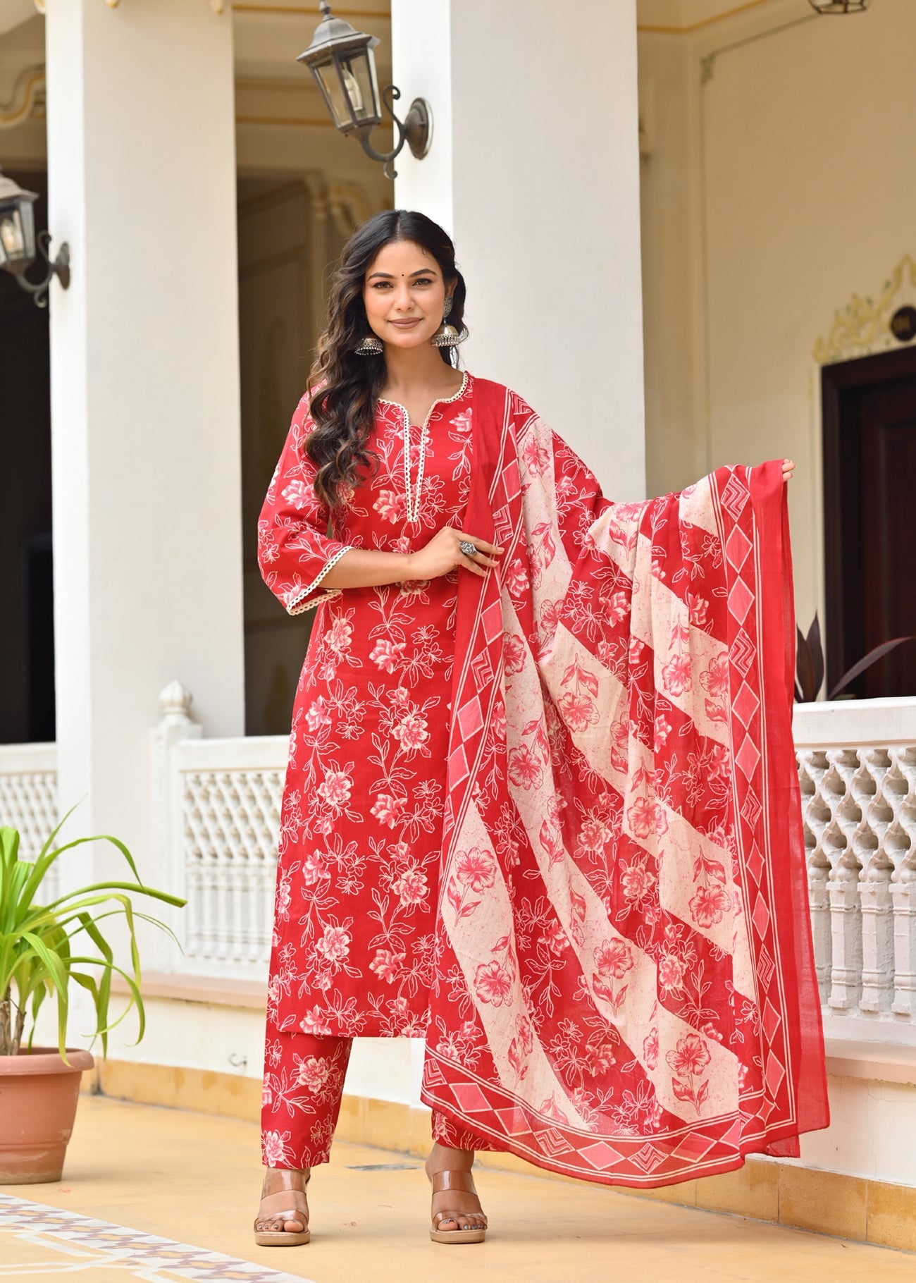 Red Printed Straight Kurta & Trouser With Dupatta for Women | LASVINI - Redefining Indian Fashion with Elegance