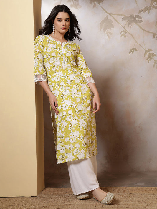 Lime Green Printed Straight Kurta with Three Quarter Sleeves | LASVINI - Redefining Indian Fashion with Elegance