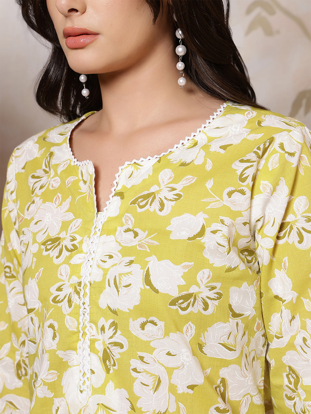 Lime Green Printed Straight Kurta with Three Quarter Sleeves | LASVINI - Redefining Indian Fashion with Elegance