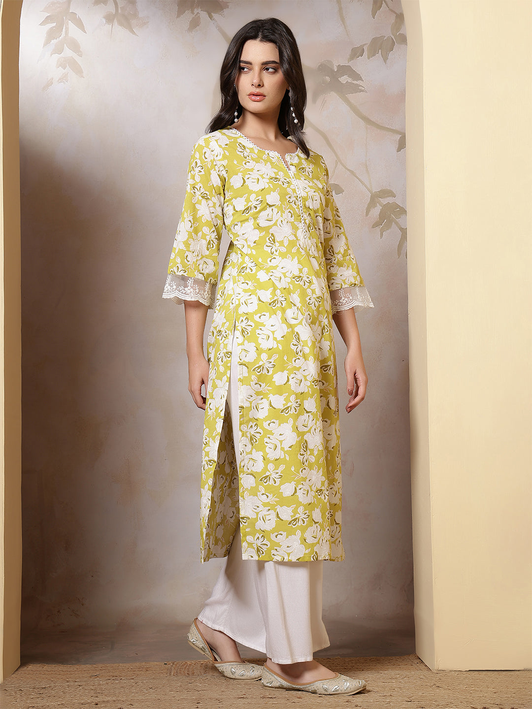 Lime Green Printed Straight Kurta with Three Quarter Sleeves | LASVINI - Redefining Indian Fashion with Elegance