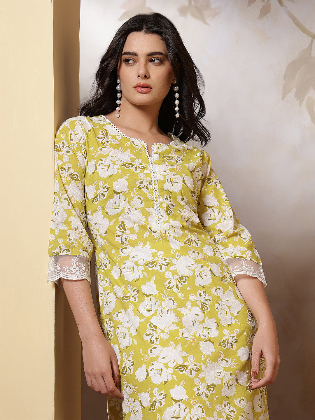 Lime Green Printed Straight Kurta with Three Quarter Sleeves | LASVINI - Redefining Indian Fashion with Elegance