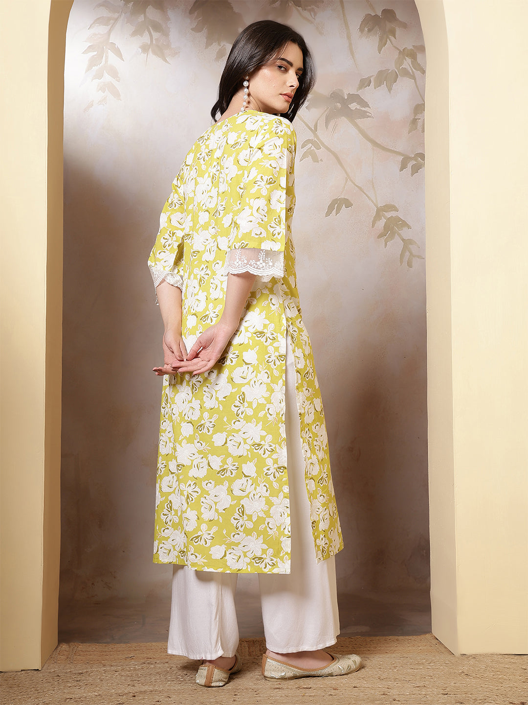Lime Green Printed Straight Kurta with Three Quarter Sleeves | LASVINI - Redefining Indian Fashion with Elegance