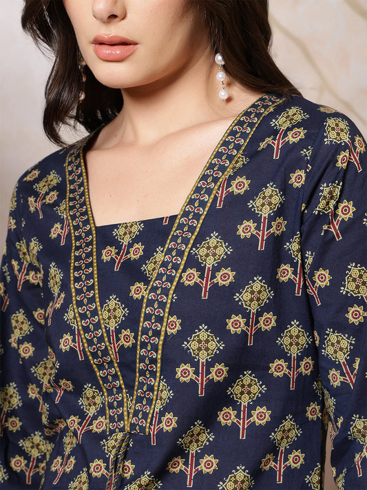 Blue Printed Straight Kurta with Three Quarter Sleeves | LASVINI - Redefining Indian Fashion with Elegance