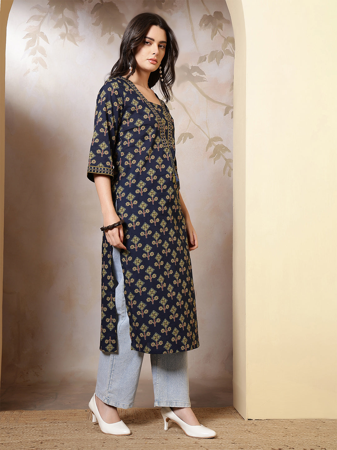 Blue Printed Straight Kurta with Three Quarter Sleeves | LASVINI - Redefining Indian Fashion with Elegance