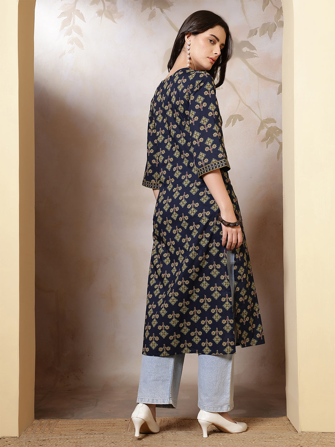 Blue Printed Straight Kurta with Three Quarter Sleeves | LASVINI - Redefining Indian Fashion with Elegance