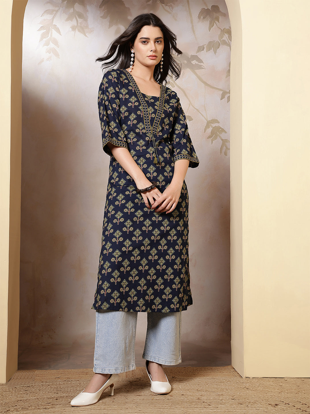 Blue Printed Straight Kurta with Three Quarter Sleeves | LASVINI - Redefining Indian Fashion with Elegance