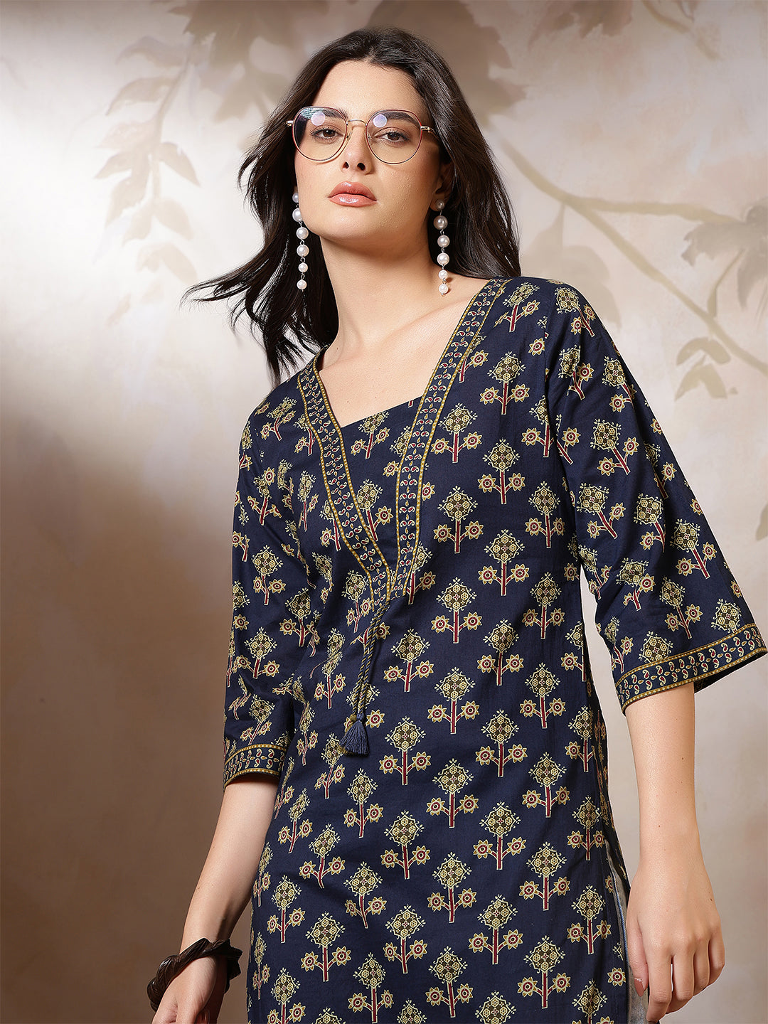 Blue Printed Straight Kurta with Three Quarter Sleeves | LASVINI - Redefining Indian Fashion with Elegance