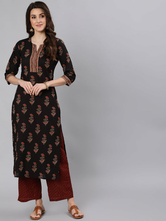 Women Black Ethnic Printed Straight Kurta With One Side Pocket | LASVINI - Redefining Indian Fashion with Elegance