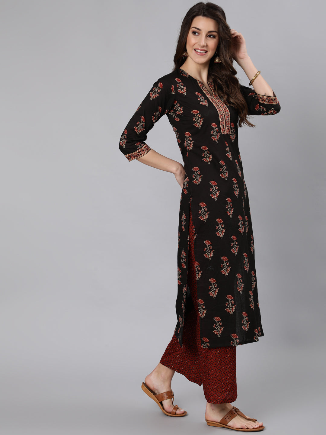 Women Black Ethnic Printed Straight Kurta With One Side Pocket | LASVINI - Redefining Indian Fashion with Elegance