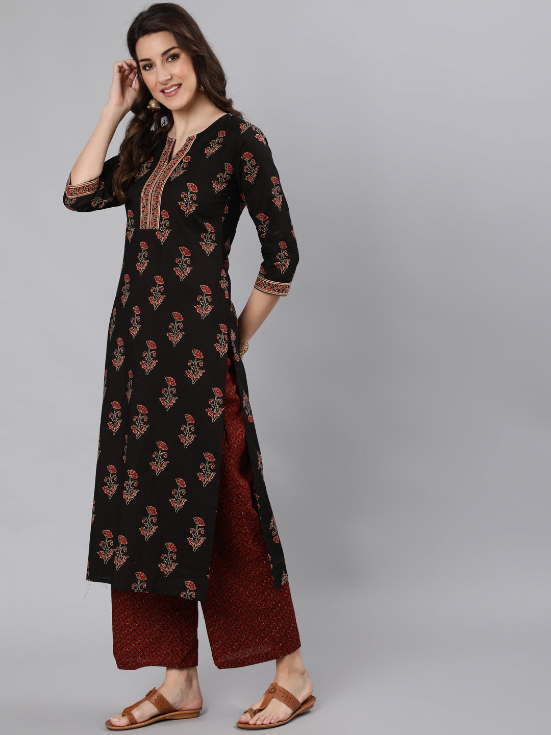 Women Black Ethnic Printed Straight Kurta With One Side Pocket | LASVINI - Redefining Indian Fashion with Elegance