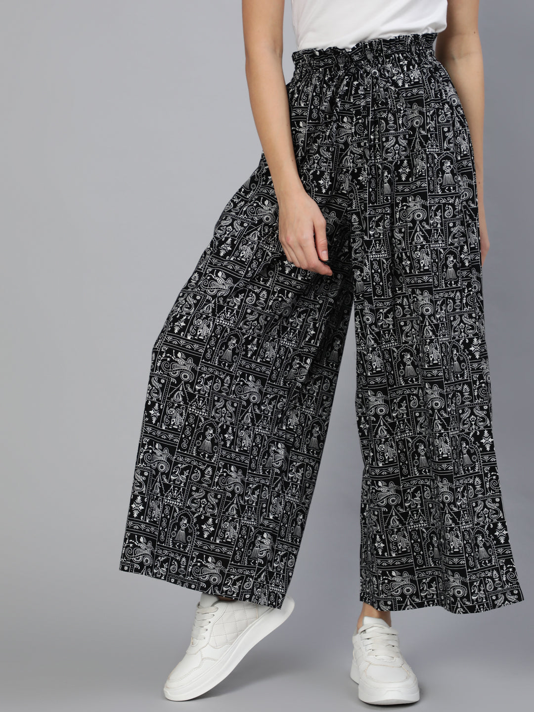 Women Black Printed Wide Legged Printed Plazo With Side Pockets | LASVINI - Redefining Indian Fashion with Elegance