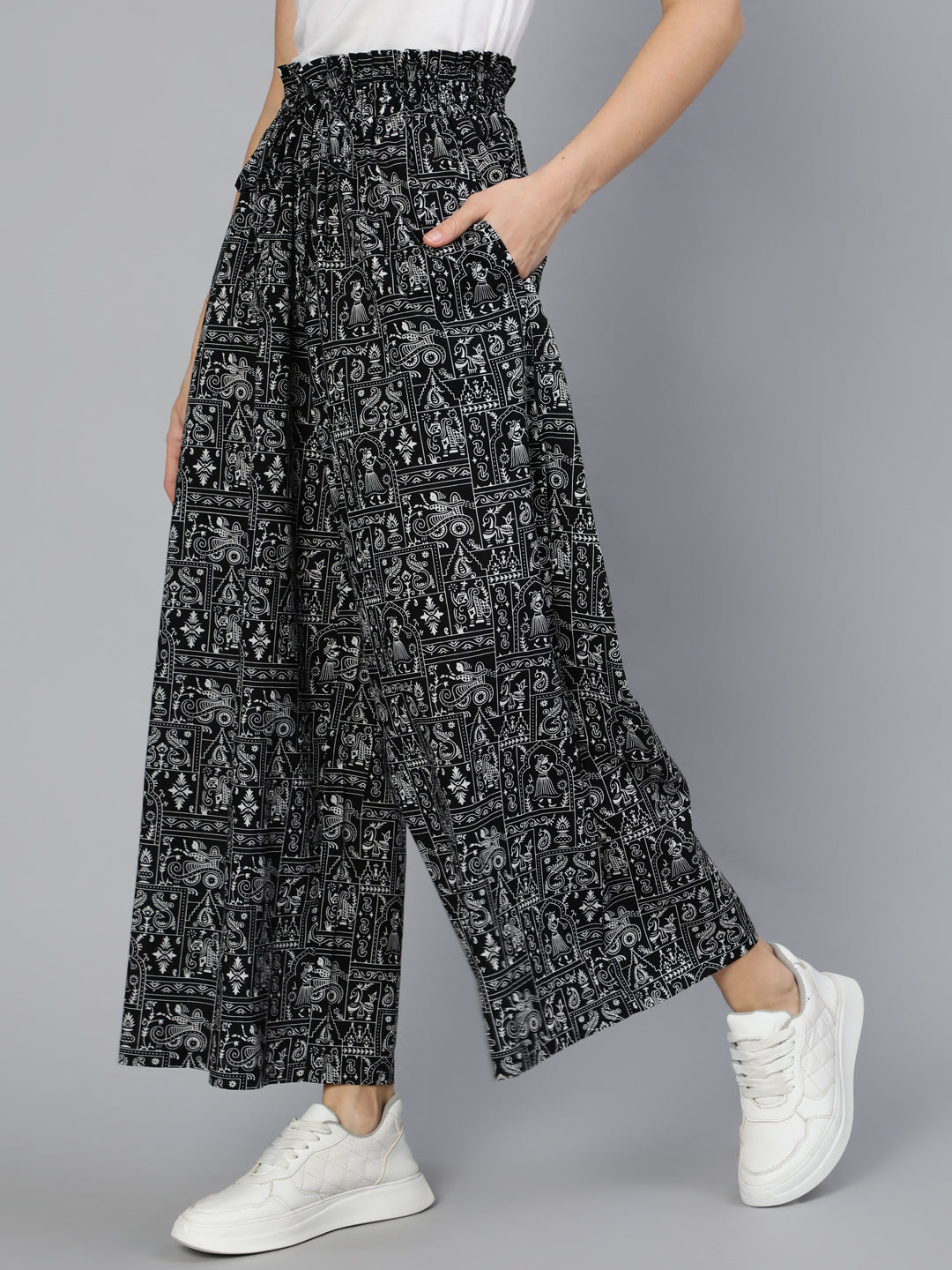 Women Black Printed Wide Legged Printed Plazo With Side Pockets | LASVINI - Redefining Indian Fashion with Elegance