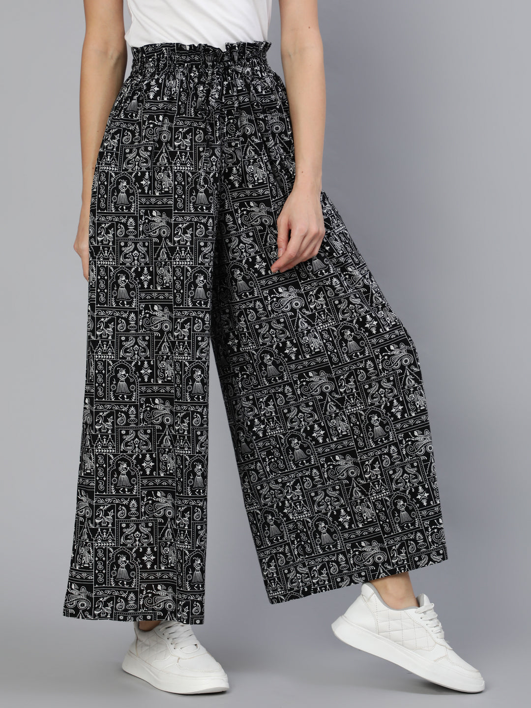 Women Black Printed Wide Legged Printed Plazo With Side Pockets | LASVINI - Redefining Indian Fashion with Elegance