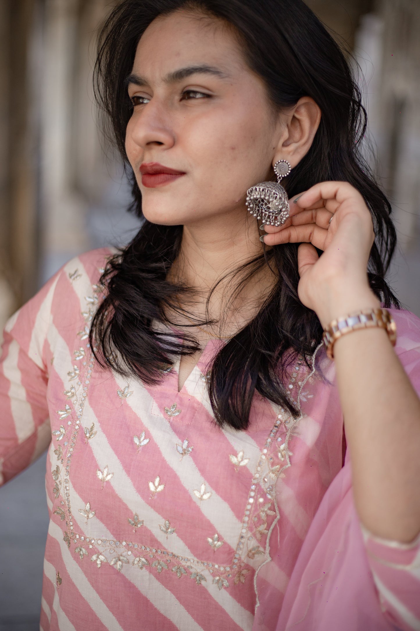 Light Pink Leheriya Cotton Kurta Pant Set With Organza Dupatta | LASVINI - Redefining Indian Fashion with Elegance