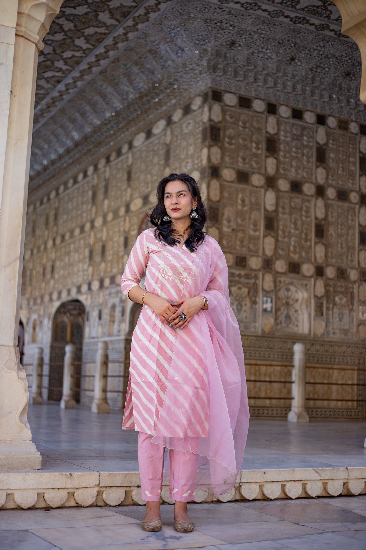 Light Pink Leheriya Cotton Kurta Pant Set With Organza Dupatta | LASVINI - Redefining Indian Fashion with Elegance
