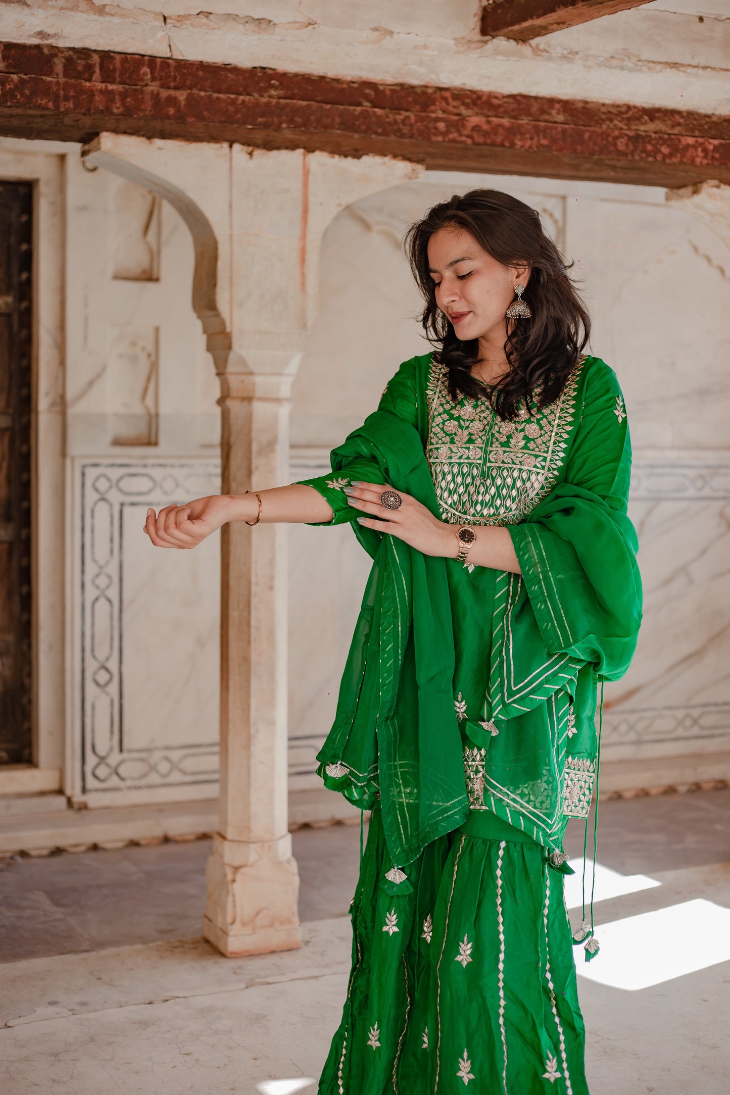 Dark Green Russian Silk Hand Embroidery Kurta Sharara With Organza Dupatta | LASVINI - Redefining Indian Fashion with Elegance