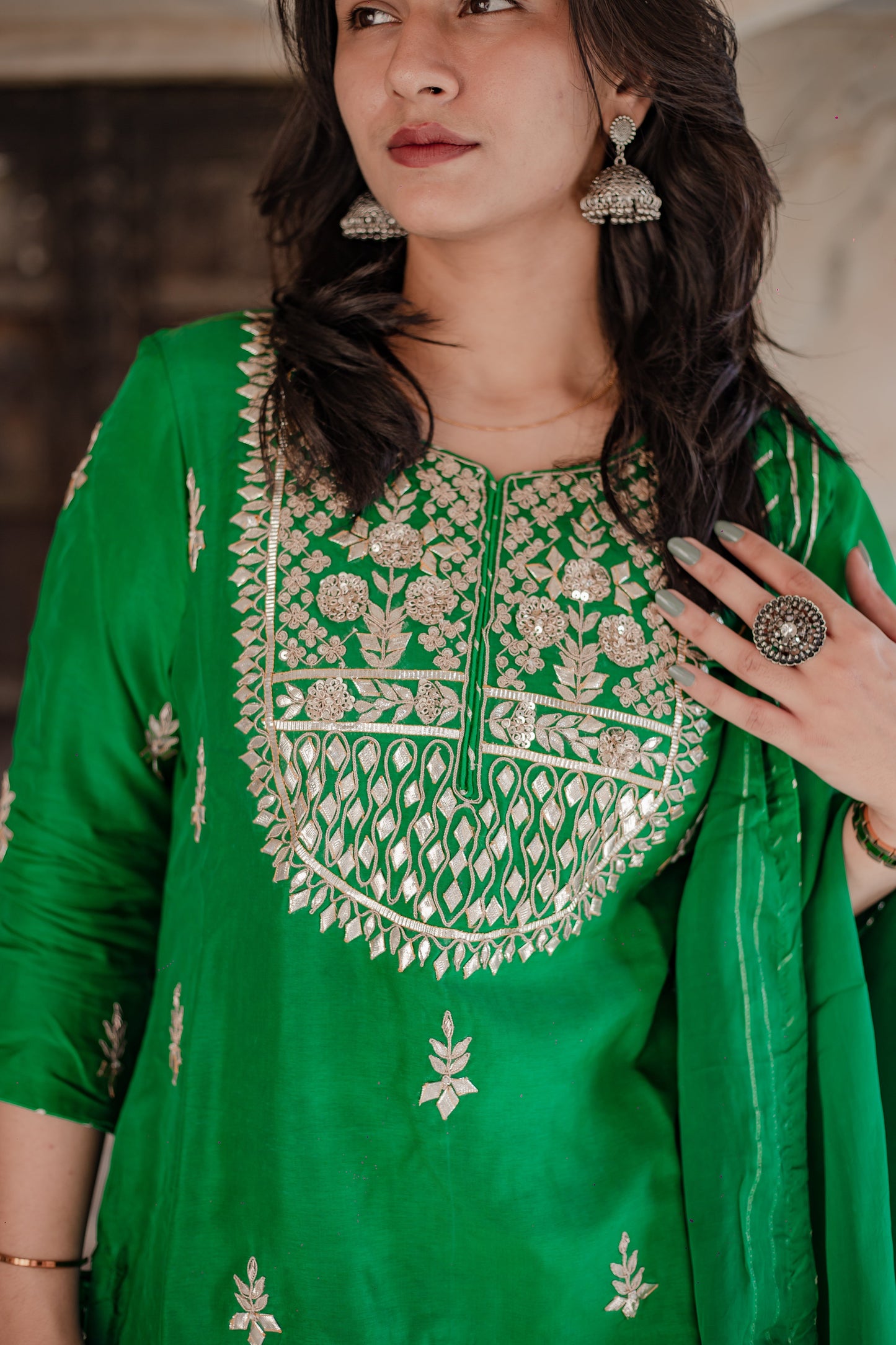 Dark Green Russian Silk Hand Embroidery Kurta Sharara With Organza Dupatta | LASVINI - Redefining Indian Fashion with Elegance