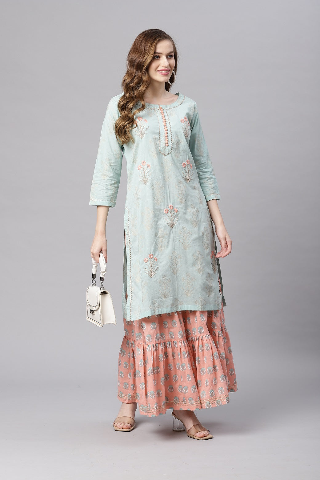 Women'S Sea Green & Peach Cotton Kurta Sharara Set | LASVINI - Redefining Indian Fashion with Elegance