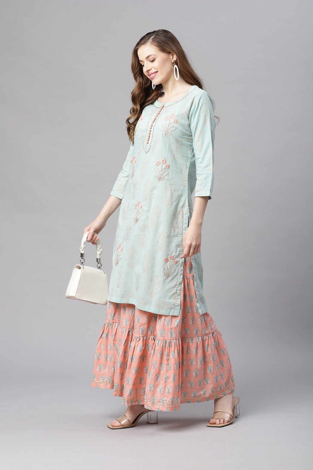 Women'S Sea Green & Peach Cotton Kurta Sharara Set | LASVINI - Redefining Indian Fashion with Elegance