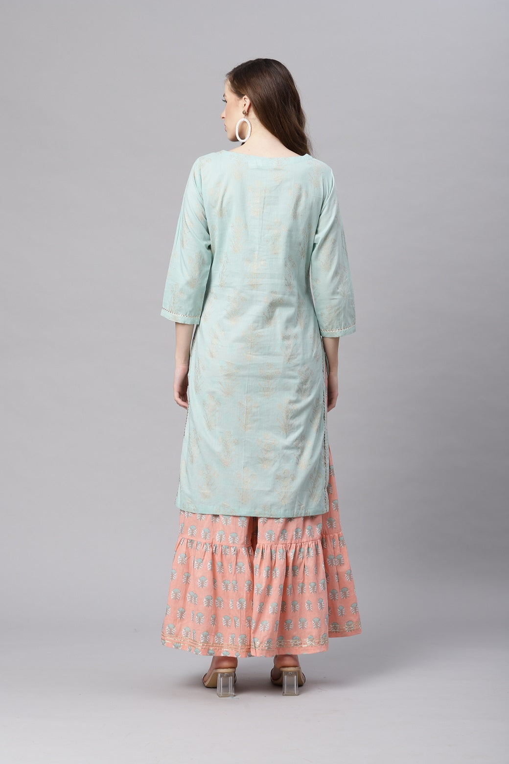 Women'S Sea Green & Peach Cotton Kurta Sharara Set | LASVINI - Redefining Indian Fashion with Elegance