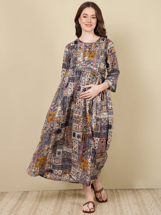Women Multi Printed Flared Maternity Dress | LASVINI - Redefining Indian Fashion with Elegance