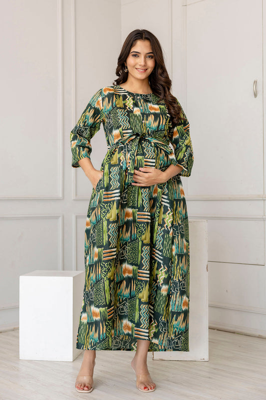 Women Green Printed Flared Maternity Dress | LASVINI - Redefining Indian Fashion with Elegance