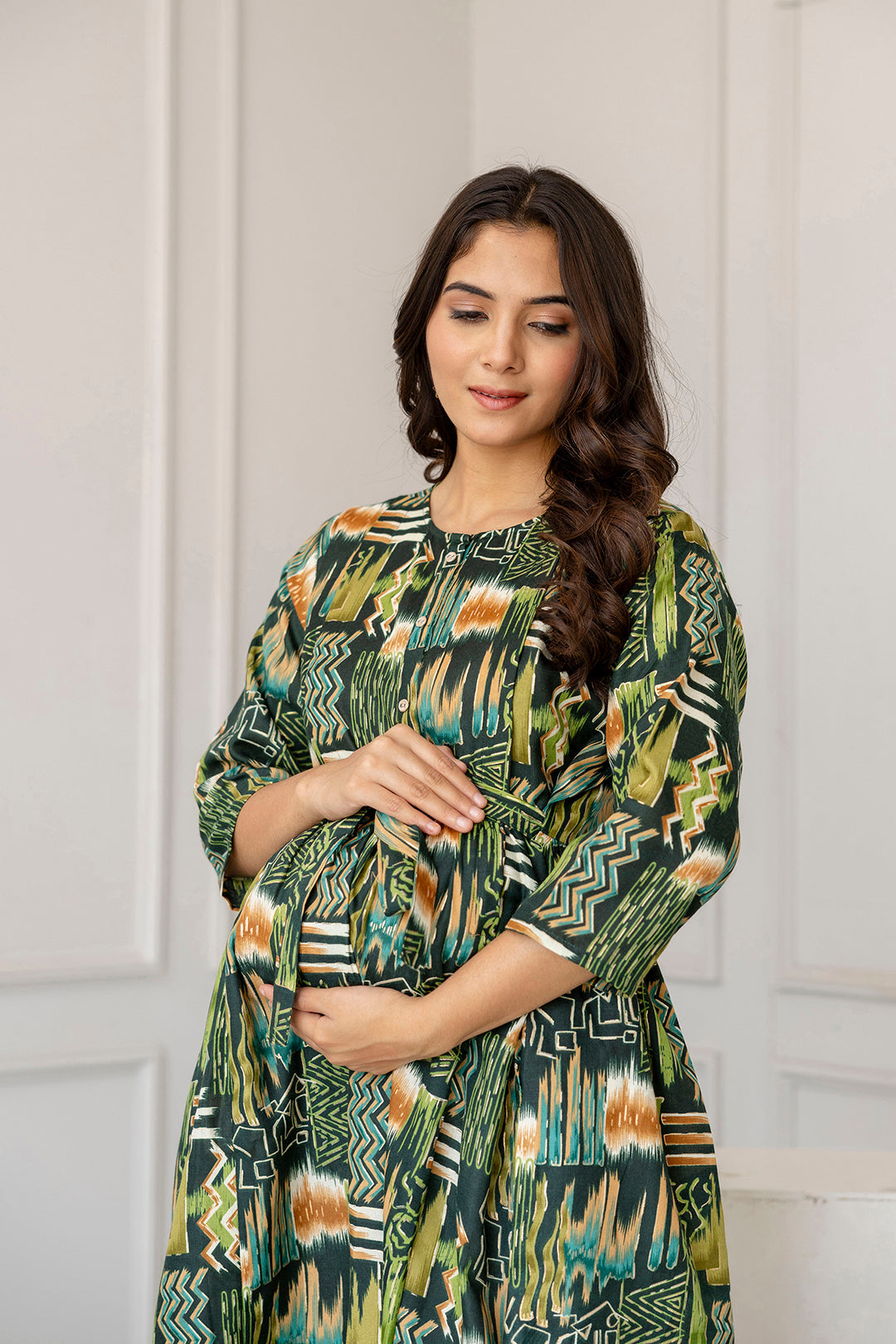 Women Green Printed Flared Maternity Dress | LASVINI - Redefining Indian Fashion with Elegance