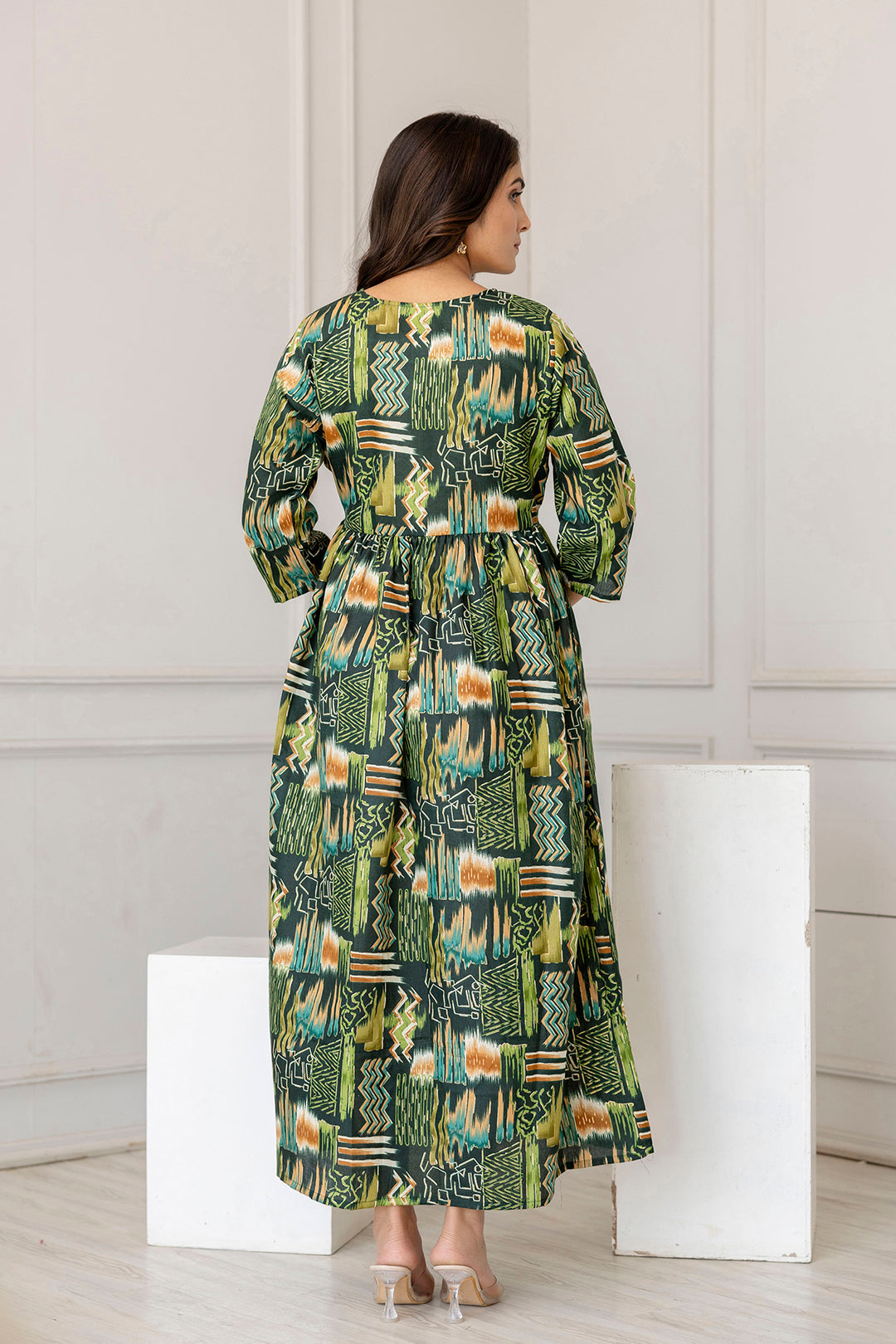 Women Green Printed Flared Maternity Dress | LASVINI - Redefining Indian Fashion with Elegance