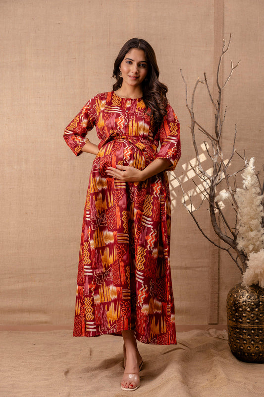 Women Maroon Printed Flared Maternity Dress | LASVINI - Redefining Indian Fashion with Elegance