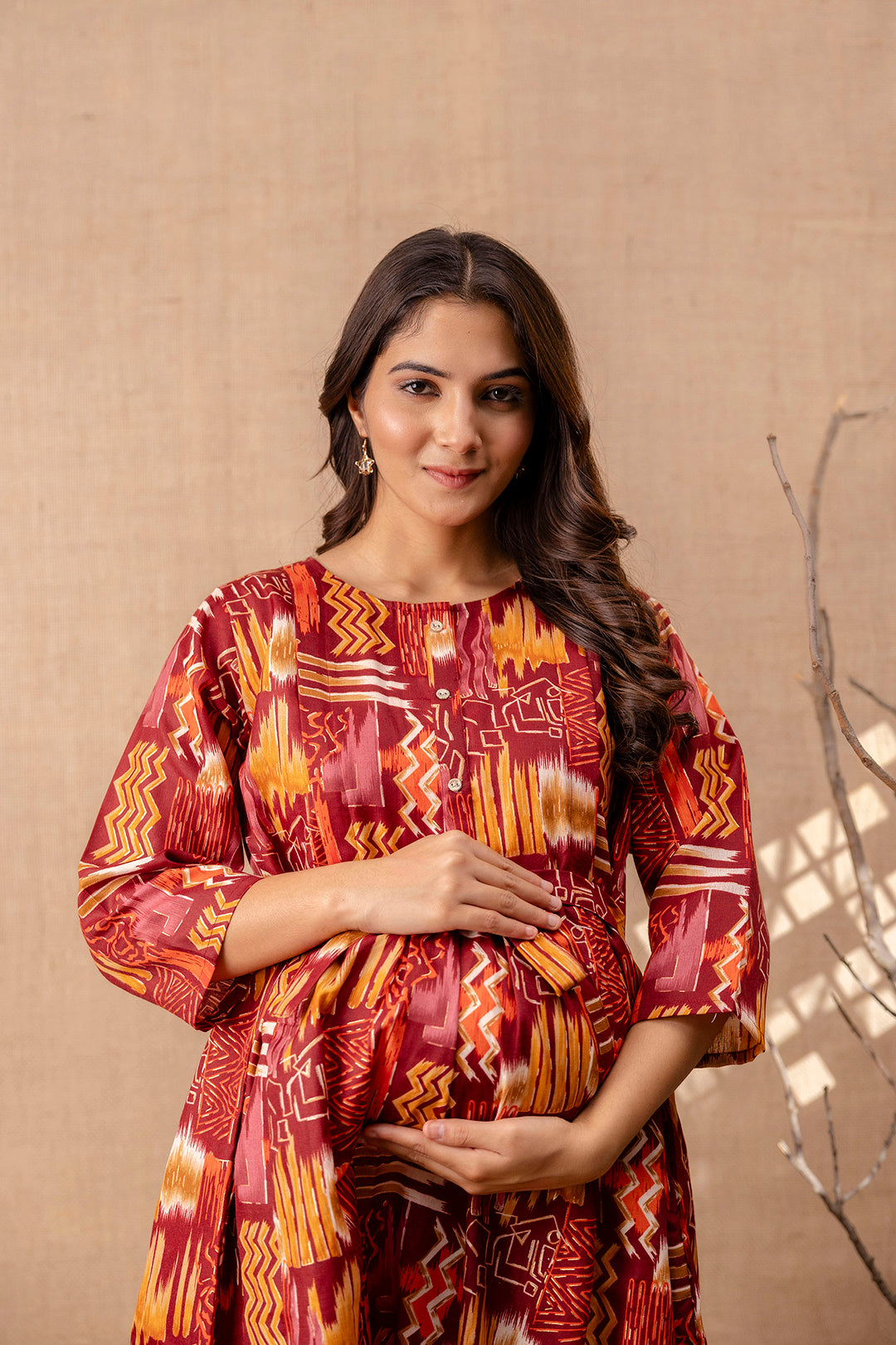 Women Maroon Printed Flared Maternity Dress | LASVINI - Redefining Indian Fashion with Elegance