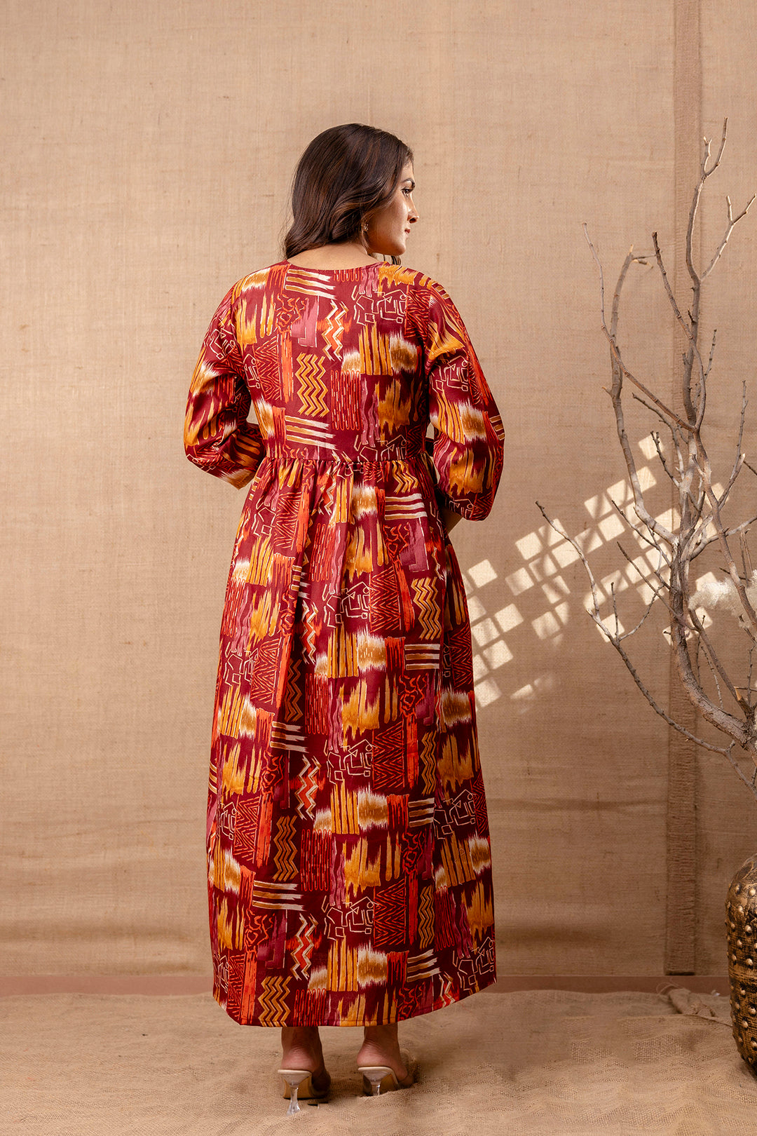 Women Maroon Printed Flared Maternity Dress | LASVINI - Redefining Indian Fashion with Elegance
