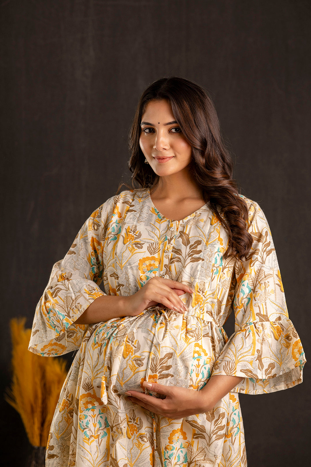 Women Off White Printed Flared Maternity Dress | LASVINI - Redefining Indian Fashion with Elegance
