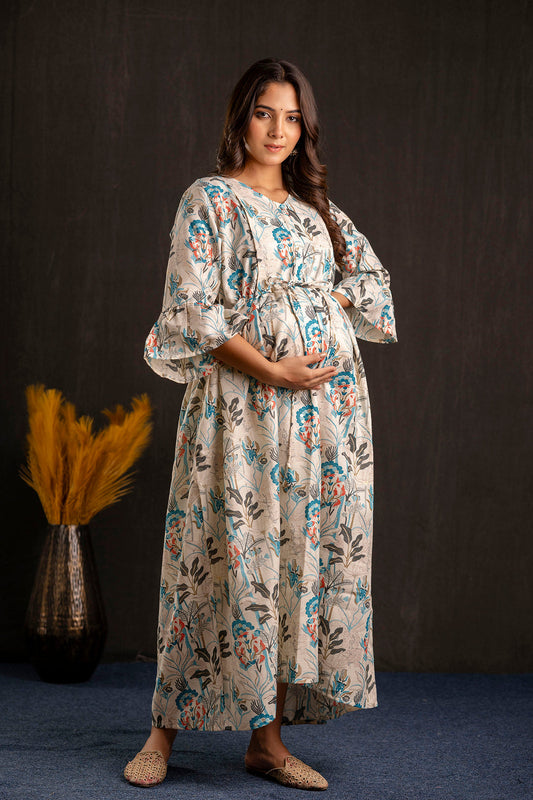 Women Off White Printed Flared Maternity Dress | LASVINI - Redefining Indian Fashion with Elegance