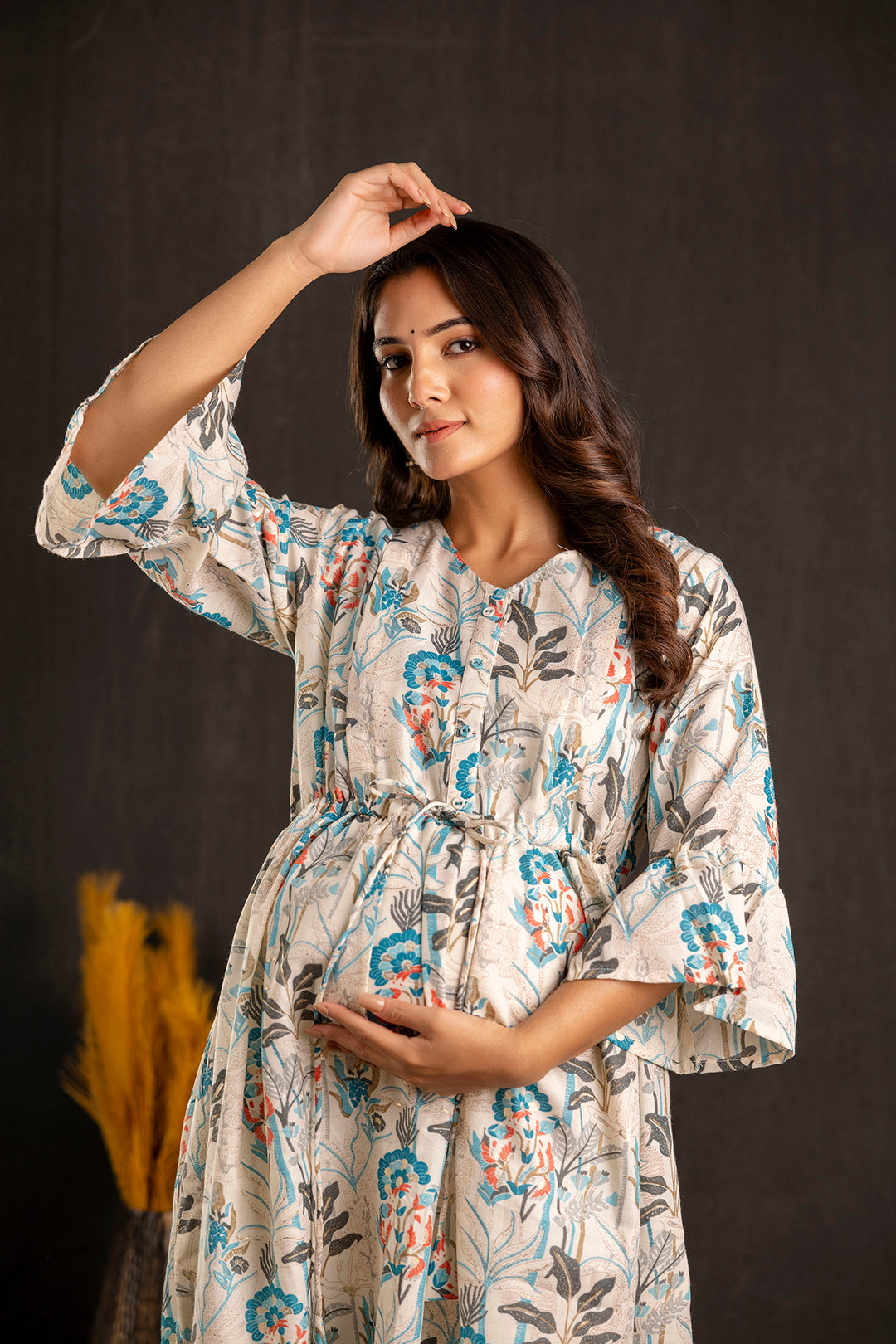 Women Off White Printed Flared Maternity Dress | LASVINI - Redefining Indian Fashion with Elegance