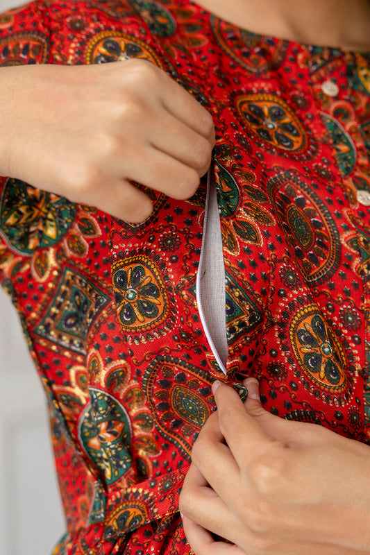 Women Maroon Printed Flared Maternity Dress | LASVINI - Redefining Indian Fashion with Elegance