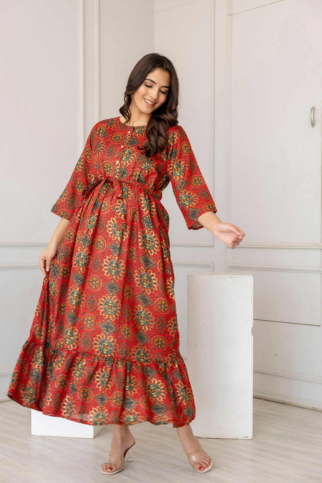 Women Maroon Printed Flared Maternity Dress | LASVINI - Redefining Indian Fashion with Elegance